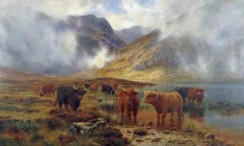 By Loch Treachlan, Glencoe, Morning Mists Black Ornate Wood Framed Art Print with Double Matting by Hurt, Louis Bosworth