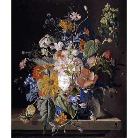 Poppies, Hollyhock, Morning Glory, Viola, Daisies Gold Ornate Wood Framed Art Print with Double Matting by Van Huysum, Jan