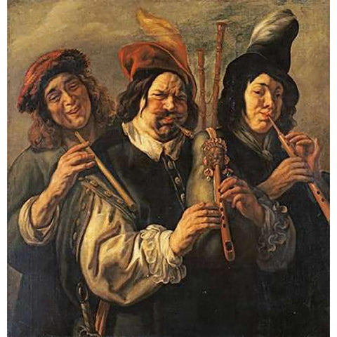 Three Musicians Black Modern Wood Framed Art Print with Double Matting by Jordaens, Jacob