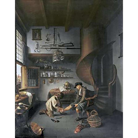 A Barber Surgeon Tending a Peasants Foot White Modern Wood Framed Art Print by Koedijck, Isaack