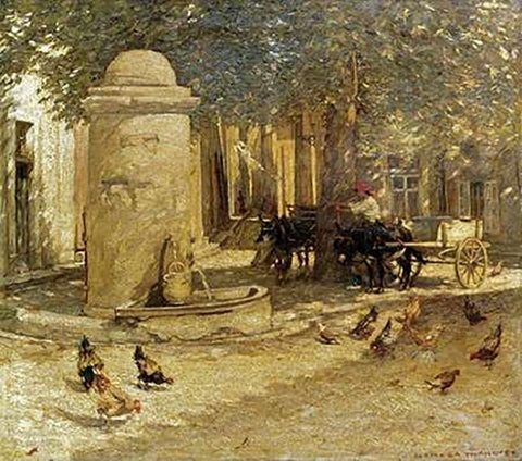 Fountain In a Provencal Village White Modern Wood Framed Art Print with Double Matting by La Thangue, Henry Herbert