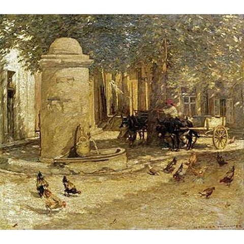 Fountain In a Provencal Village Black Modern Wood Framed Art Print with Double Matting by La Thangue, Henry Herbert