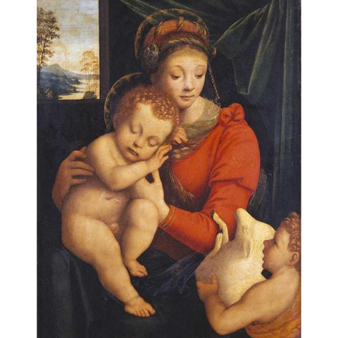 The Madonna With The Sleeping Child and The Infant Baptist Black Modern Wood Framed Art Print by Lanino, Bernardino