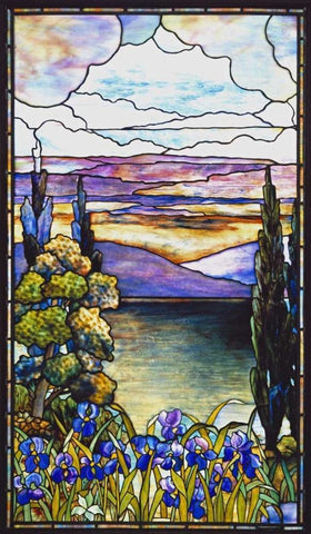 Lakeland Scene With Blue and Purple Irises Black Ornate Wood Framed Art Print with Double Matting by Lederle