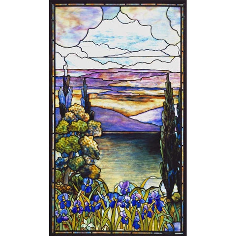 Lakeland Scene With Blue and Purple Irises Black Modern Wood Framed Art Print by Lederle
