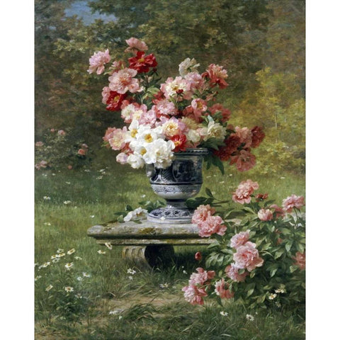 Peonies In An Urn In a Garden Gold Ornate Wood Framed Art Print with Double Matting by Lemaire, Louis Marie