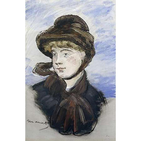 Young Girl in a Brown Hat Black Modern Wood Framed Art Print with Double Matting by Manet, Edouard