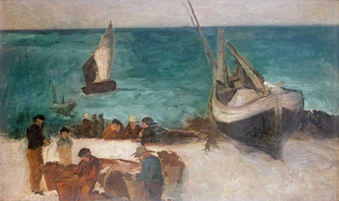 Seascape at Berck; Fishing Boats and Fishermen White Modern Wood Framed Art Print with Double Matting by Manet, Edouard
