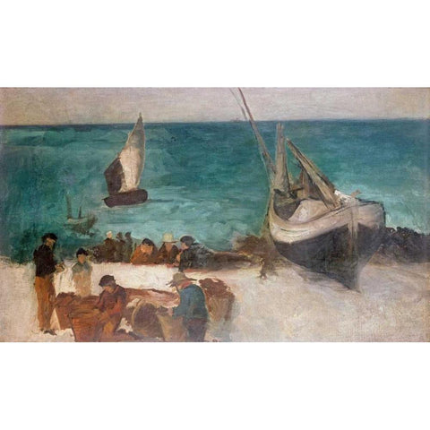 Seascape at Berck; Fishing Boats and Fishermen Black Modern Wood Framed Art Print with Double Matting by Manet, Edouard