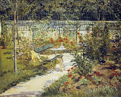 The Bench, Garden at Versailles Black Ornate Wood Framed Art Print with Double Matting by Manet, Edouard