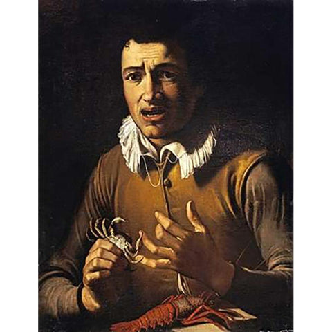 Youth With a Crab Pinching His Finger Black Modern Wood Framed Art Print with Double Matting by Manfredi, Bartolommeo