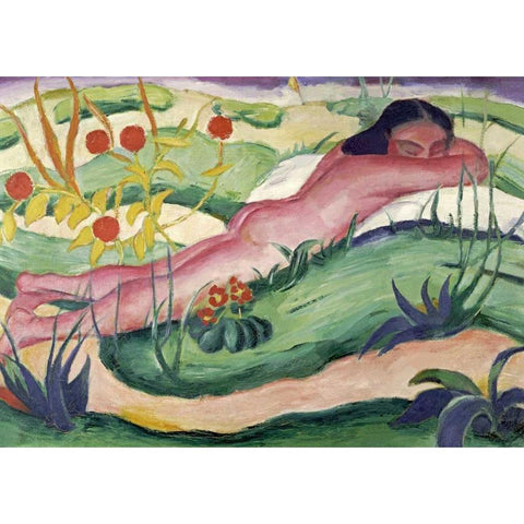 Nude Lying In The Flowers Black Modern Wood Framed Art Print with Double Matting by Marc, Franz