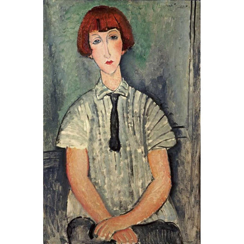 Young Girl In a Striped Shirt Black Modern Wood Framed Art Print with Double Matting by Modigliani, Amedeo