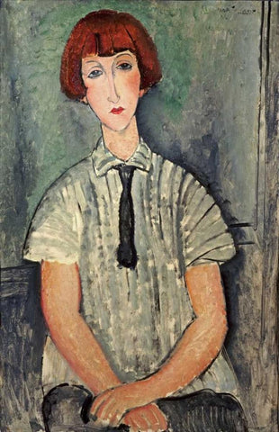 Young Girl In a Striped Shirt Black Ornate Wood Framed Art Print with Double Matting by Modigliani, Amedeo