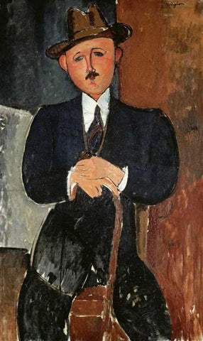 Seated Man - Leaning On a Cane White Modern Wood Framed Art Print with Double Matting by Modigliani, Amedeo