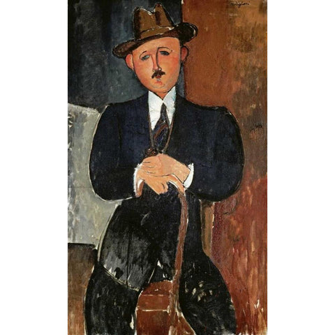 Seated Man - Leaning On a Cane Black Modern Wood Framed Art Print by Modigliani, Amedeo