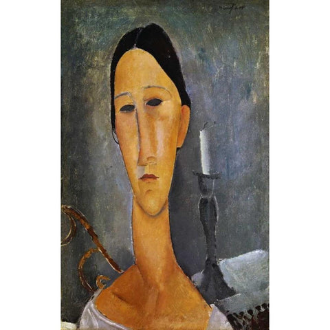 Hanka Zborowska with a Candlestick White Modern Wood Framed Art Print by Modigliani, Amedeo