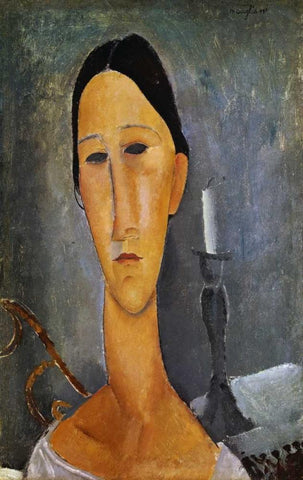 Hanka Zborowska with a Candlestick White Modern Wood Framed Art Print with Double Matting by Modigliani, Amedeo