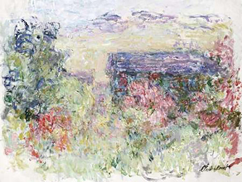 The House Through the Roses White Modern Wood Framed Art Print with Double Matting by Monet, Claude