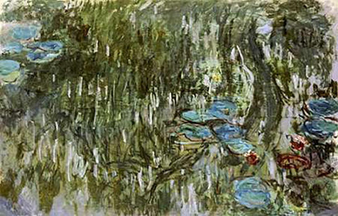 Water Lilies, Reflected Willow White Modern Wood Framed Art Print with Double Matting by Monet, Claude