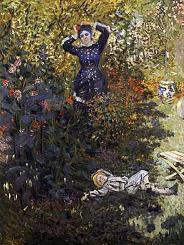 Camille and Jean in the Garden at Argenteuil Black Ornate Wood Framed Art Print with Double Matting by Monet, Claude