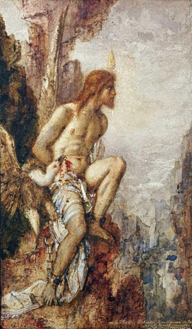 Promethee - The Torture of Prometheus White Modern Wood Framed Art Print with Double Matting by Moreau, Gustave