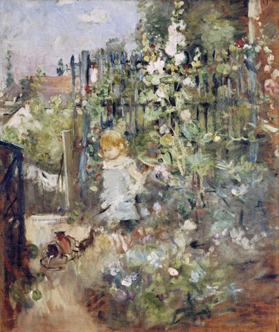 A Child In the Rosebeds Black Ornate Wood Framed Art Print with Double Matting by Morisot, Berthe