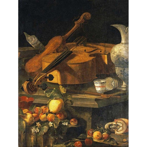 A Violin, a Cello, a Bow, a Sheet Gold Ornate Wood Framed Art Print with Double Matting by Munari, Christoforo