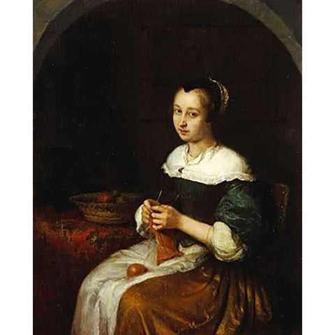 A Woman Knitting With a Basket of Fruit Black Modern Wood Framed Art Print with Double Matting by Netscher, Caspar