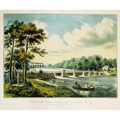 View On The Harlem River, N.Y., The Highbridge In The Distance Black Modern Wood Framed Art Print by Palmer, Frances Flora Bond