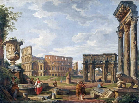 A Capriccio View of Rome With The Colosseum Black Ornate Wood Framed Art Print with Double Matting by Panini, Giovanni Paolo