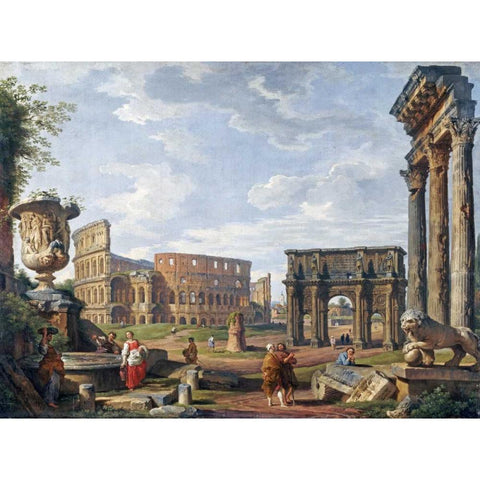 A Capriccio View of Rome With The Colosseum White Modern Wood Framed Art Print by Panini, Giovanni Paolo