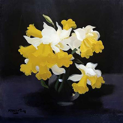 Daffodils White Modern Wood Framed Art Print with Double Matting by Park, James Stuart