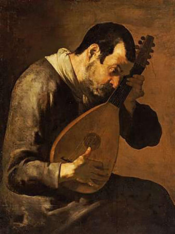 The Sense of Hearing; a Man Playing a Mandolin White Modern Wood Framed Art Print with Double Matting by Passante, Bartolomeo