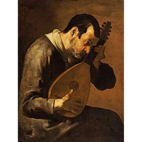 The Sense of Hearing; a Man Playing a Mandolin Black Modern Wood Framed Art Print with Double Matting by Passante, Bartolomeo