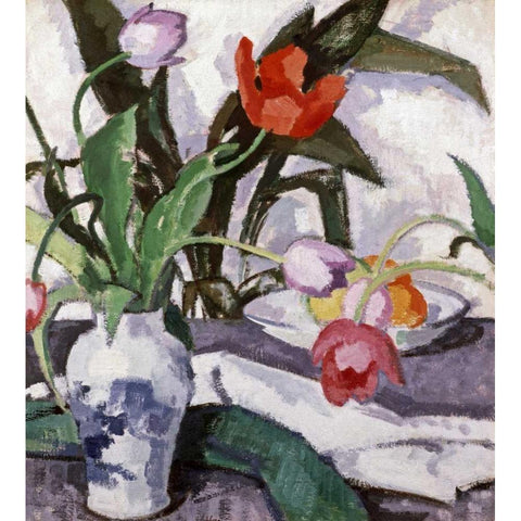 Red and Mauve Tulips In a Vase Black Modern Wood Framed Art Print by Peploe, Samuel John