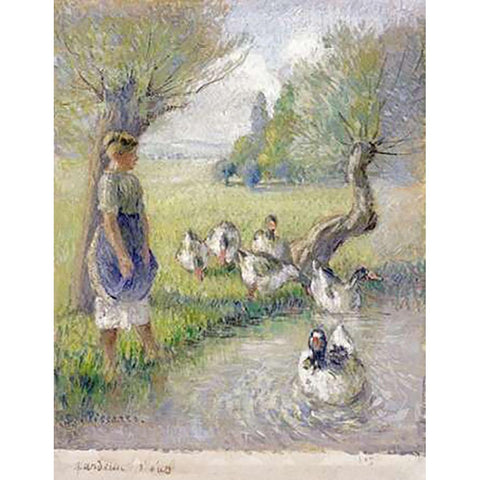 The Goose Girl Gold Ornate Wood Framed Art Print with Double Matting by Pissarro, Camille