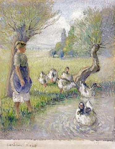 The Goose Girl Black Ornate Wood Framed Art Print with Double Matting by Pissarro, Camille