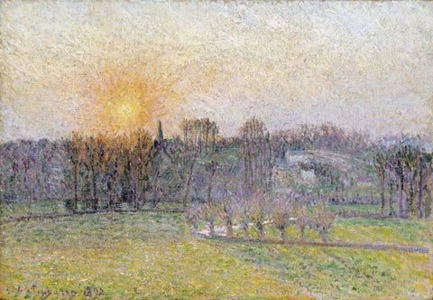Sunset, Bazincourt White Modern Wood Framed Art Print with Double Matting by Pissarro, Camille