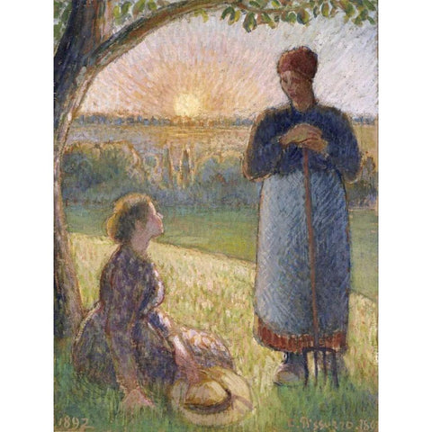 Country Women Chatting, Sunset, Eragny White Modern Wood Framed Art Print by Pissarro, Camille