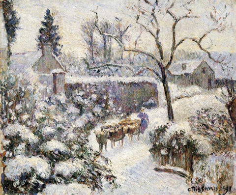 Snow at Montfoucault White Modern Wood Framed Art Print with Double Matting by Pissarro, Camille