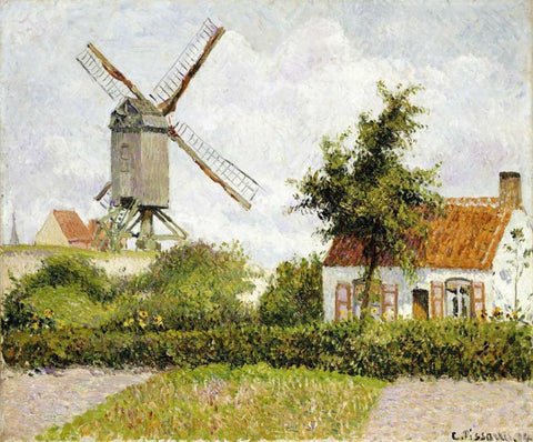 Windmill at Knock, Belgium White Modern Wood Framed Art Print with Double Matting by Pissarro, Camille