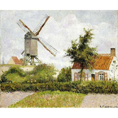 Windmill at Knock, Belgium Black Modern Wood Framed Art Print with Double Matting by Pissarro, Camille