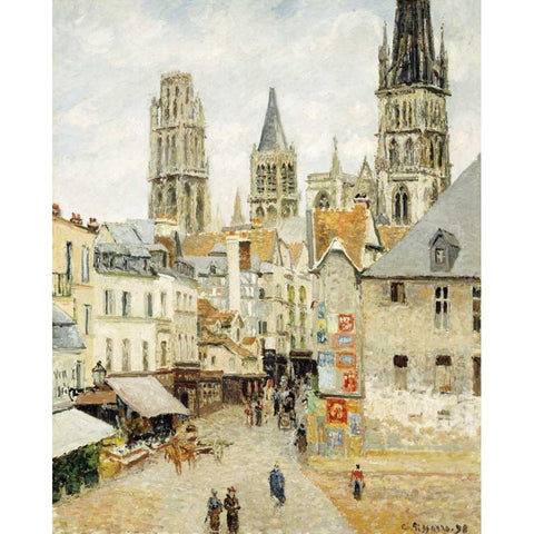 Rue De LEpicerie In Rouen On a Gray Morning White Modern Wood Framed Art Print by Pissarro, Camille