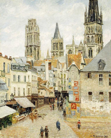 Rue De LEpicerie In Rouen On a Gray Morning Black Ornate Wood Framed Art Print with Double Matting by Pissarro, Camille