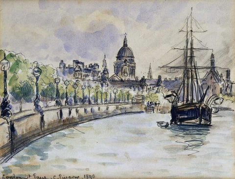 London, St.Pauls Cathedral White Modern Wood Framed Art Print with Double Matting by Pissarro, Camille