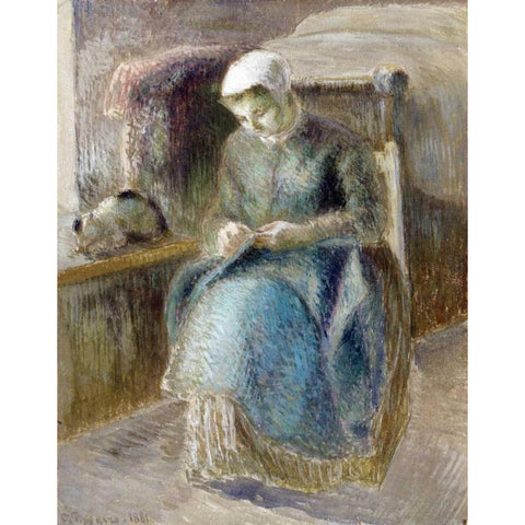 Woman Sewing Gold Ornate Wood Framed Art Print with Double Matting by Pissarro, Camille