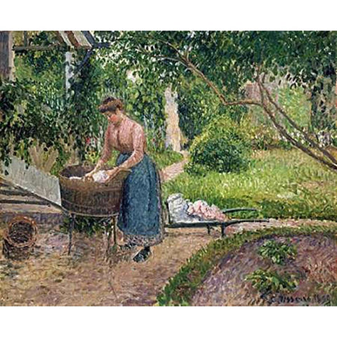 Washerwoman at Eragny White Modern Wood Framed Art Print by Pissarro, Camille