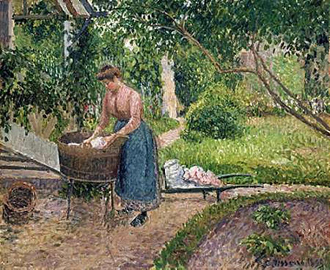 Washerwoman at Eragny Black Ornate Wood Framed Art Print with Double Matting by Pissarro, Camille