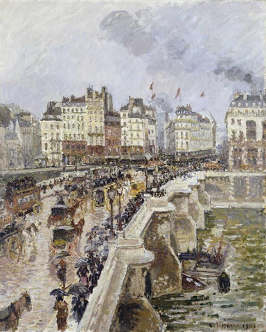 The Pont Neuf On a Rainy Afternoon White Modern Wood Framed Art Print with Double Matting by Pissarro, Camille